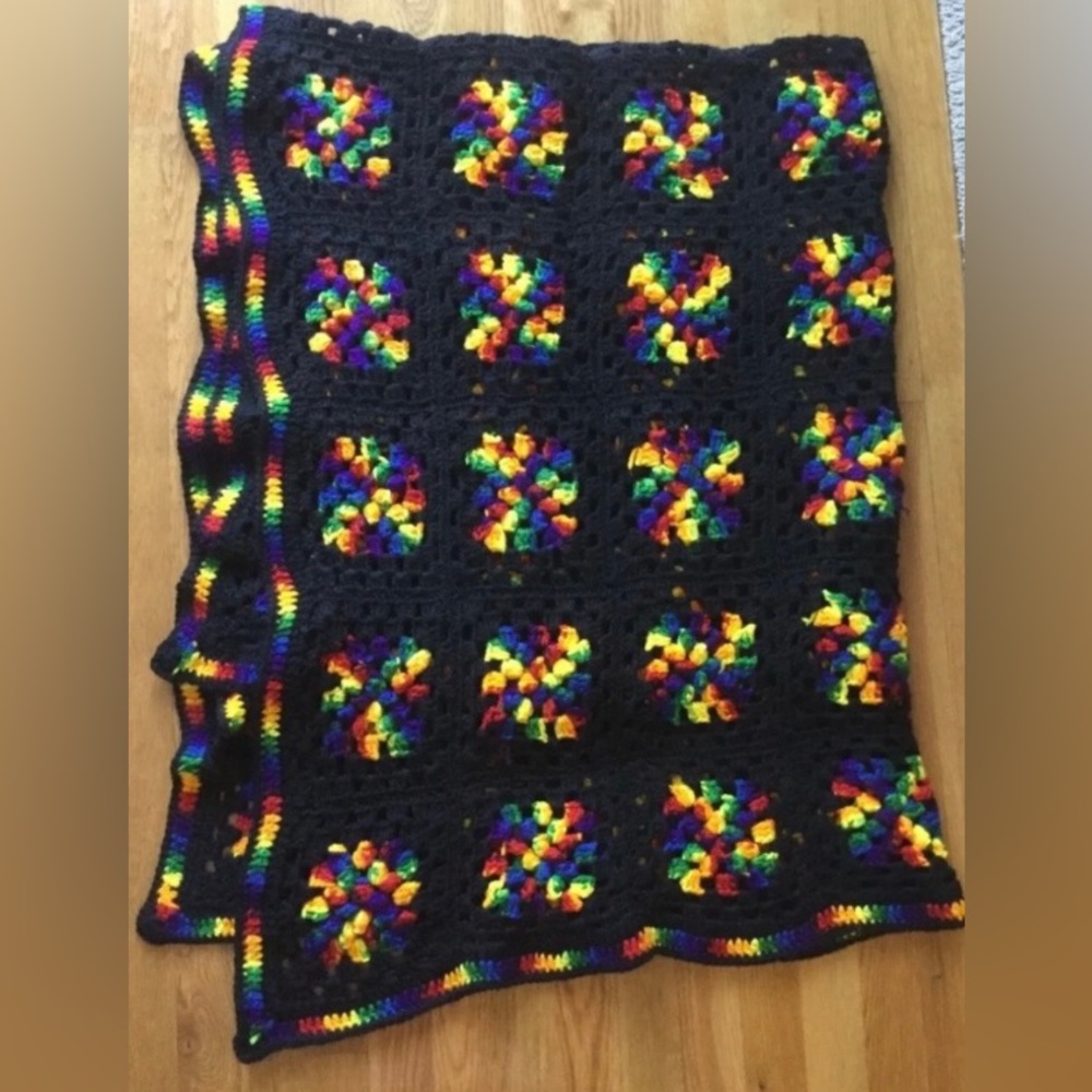 Vtg Blanket Granny crotchet quilt crocheted handmade afghan multicolor 66X 60